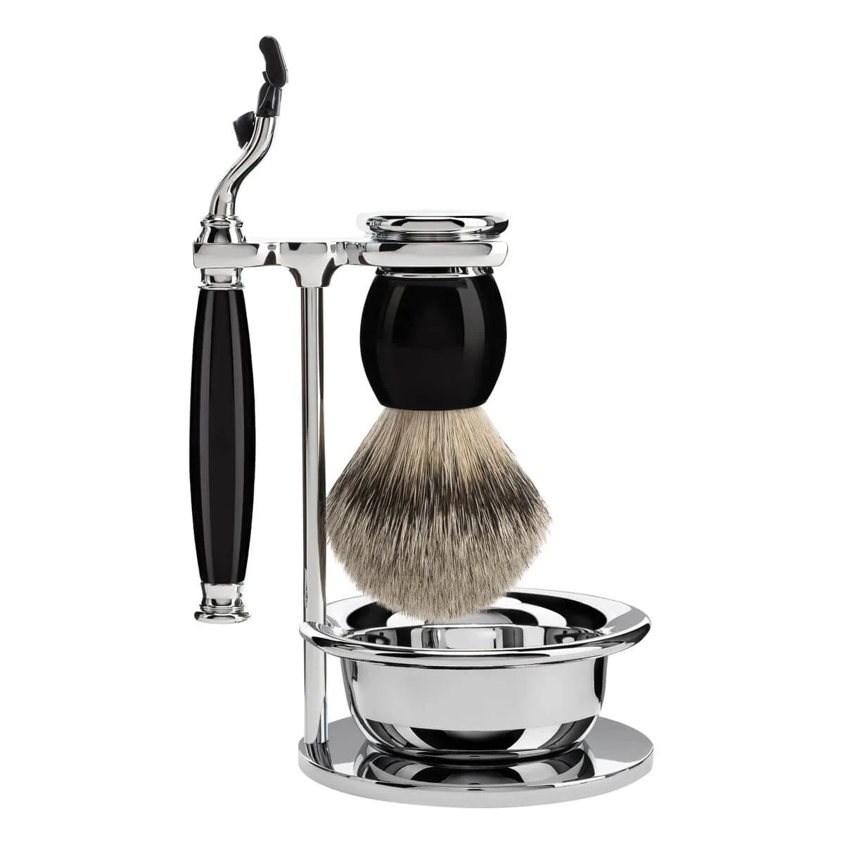 Mühle Shaving Barbersæt med Mach3 Skraber, Barberkost, Holder og Skål, Sophist, Sort Kunstharpiks