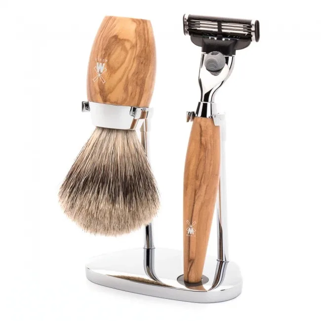 Mühle Shaving Barbersæt med Mach3 Skraber, Barberkost og Holder, Kosmo, Oliventræ