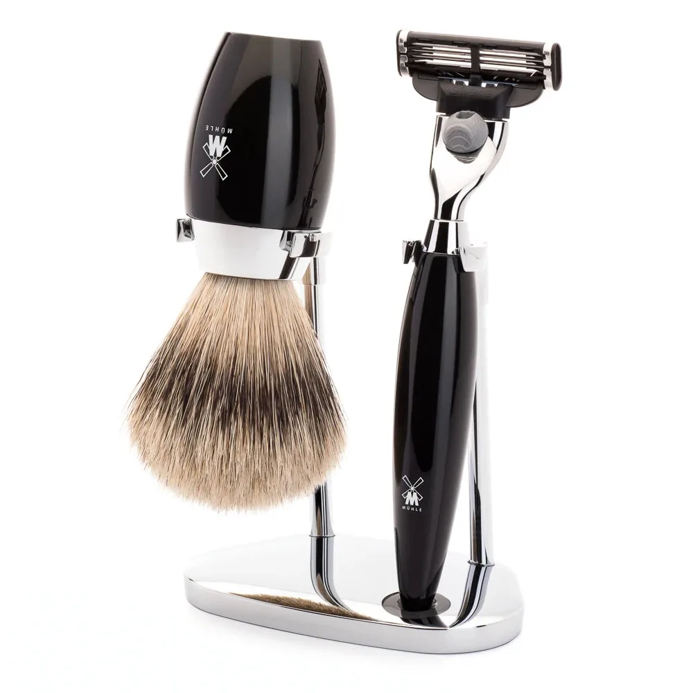 Mühle Shaving Barbersæt med Mach3 Skraber, Barberkost og Holder, Kosmo, Sort Kunstharpiks