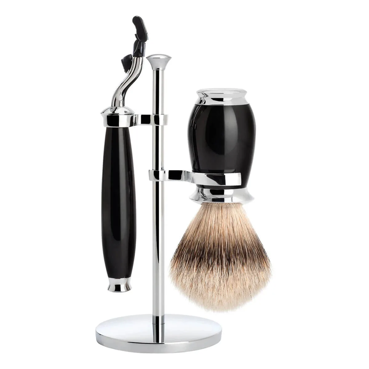 Mühle Shaving Barbersæt med Mach3 Skraber, Barberkost og Holder, Purist, Sort Kunstharpiks