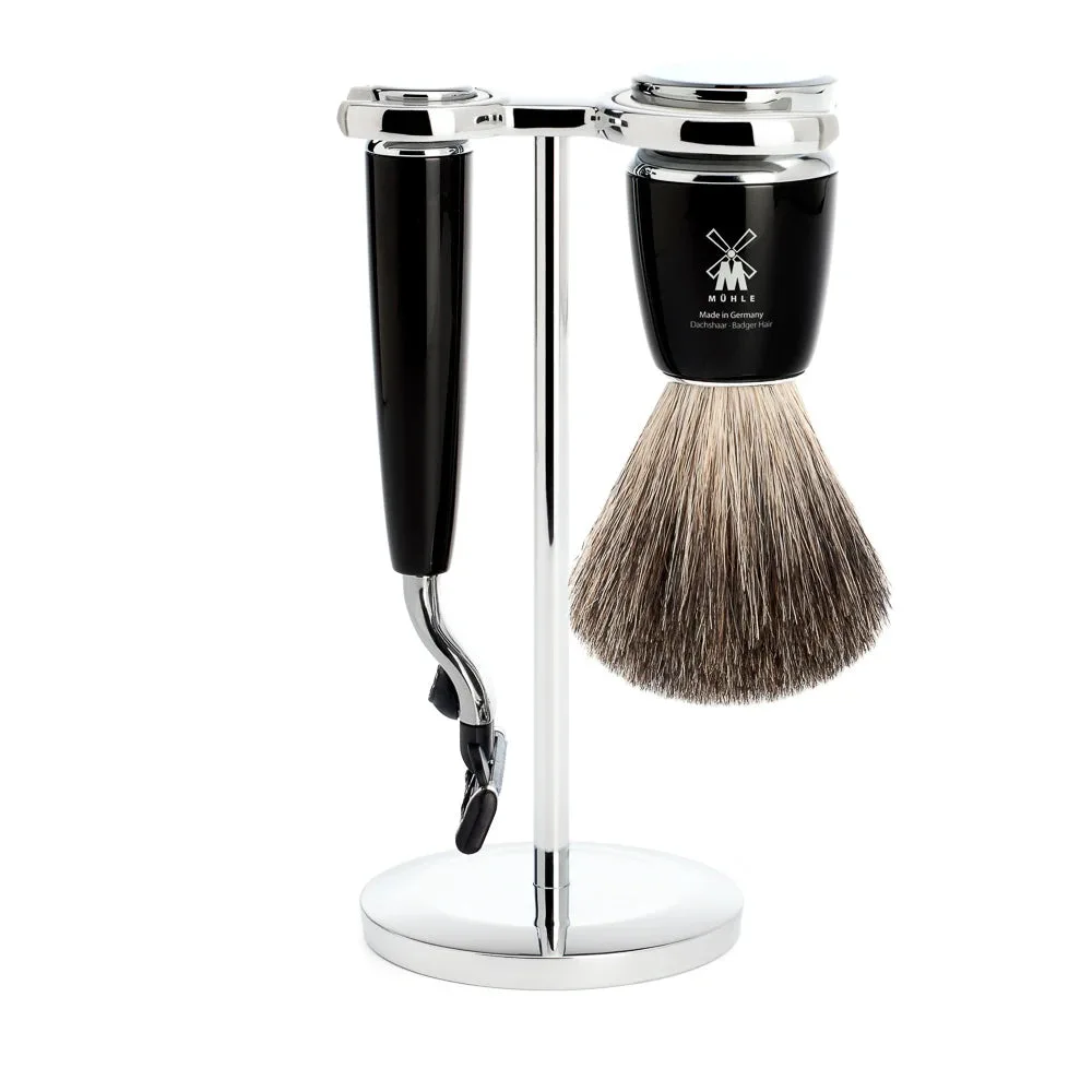 Mühle Shaving Barbersæt med Mach3 Skraber, Barberkost og Holder, Rytmo, Sort Kunstharpiks