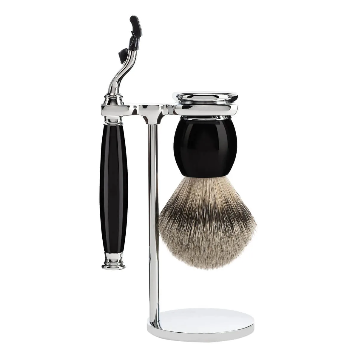 Mühle Shaving Barbersæt med Mach3 Skraber, Barberkost og Holder, Sophist, Sort Kunstharpiks