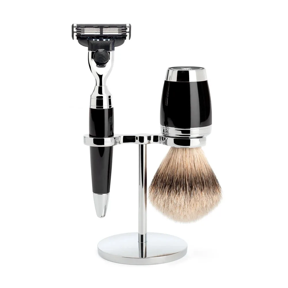 Mühle Shaving Barbersæt med Mach3 Skraber, Barberkost og Holder, Stylo, Sort Kunstharpiks