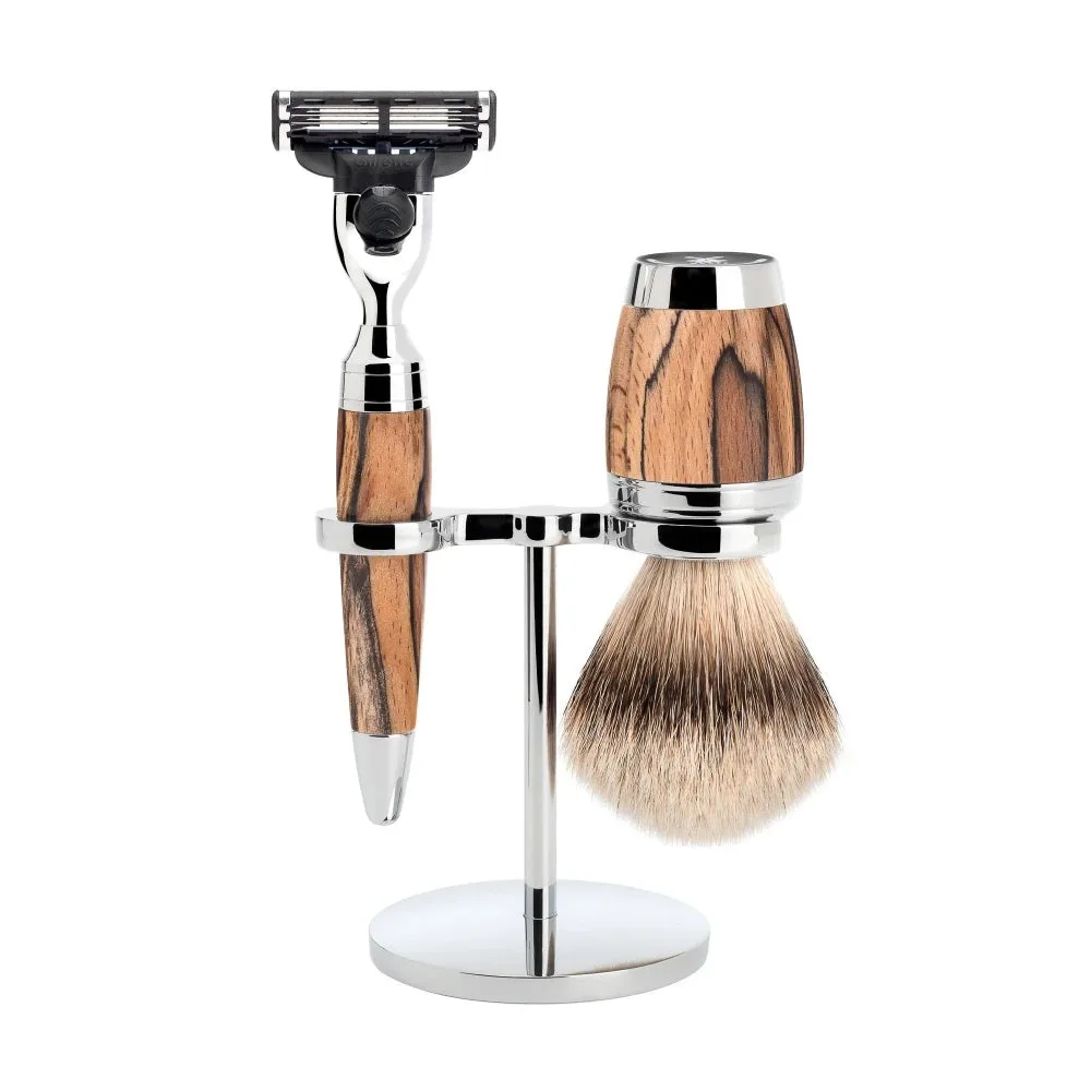Mühle Shaving Barbersæt med Mach3 Skraber, Barberkost og Holder, Stylo, Spalted Beech