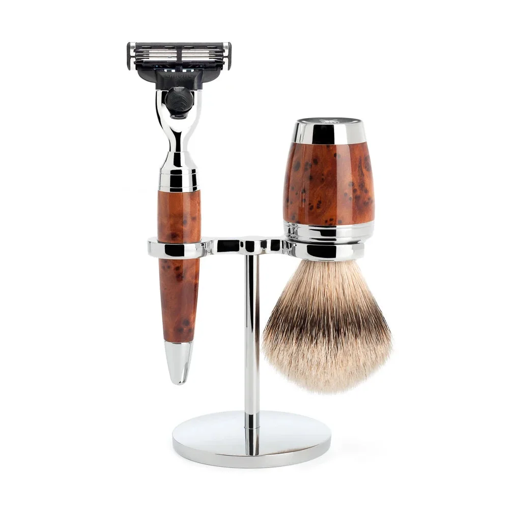 Mühle Shaving Barbersæt med Mach3 Skraber, Barberkost og Holder, Stylo, Thuja Wood