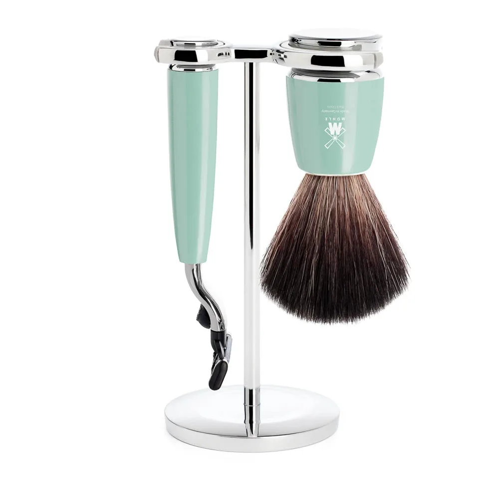 Mühle Shaving Barbersæt med Mach3 skraber, Fibre Barberkost og Holder, Rytmo, Mintgrøn