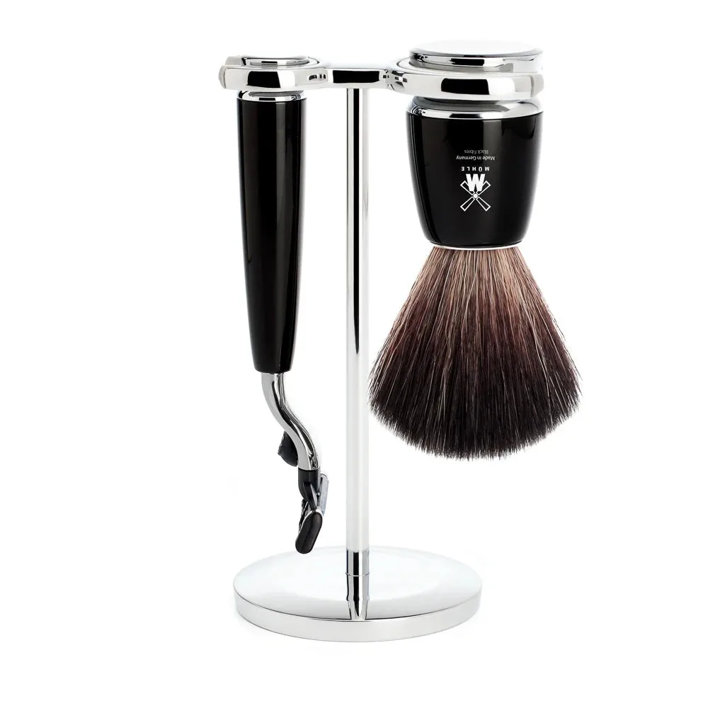 Mühle Shaving Barbersæt med Mach3 skraber, Fibre Barberkost og Holder, Rytmo, Sort Kunstharpiks