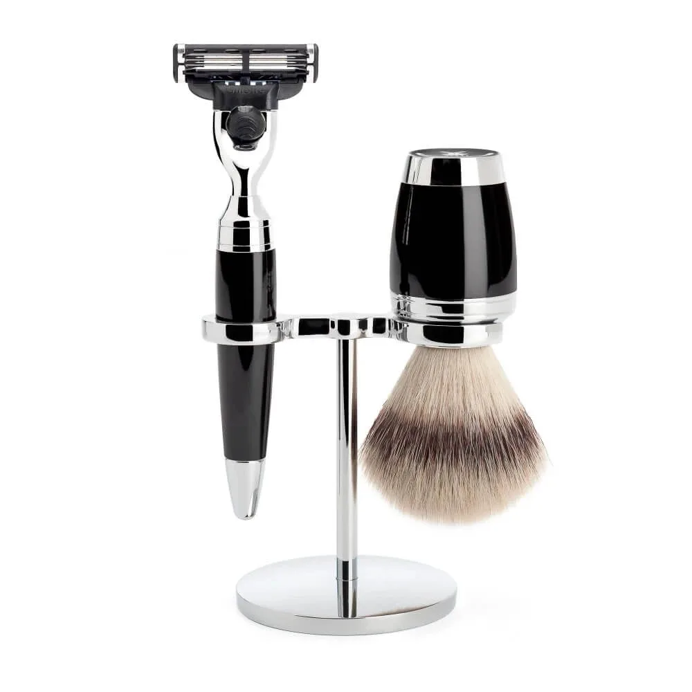 Mühle Shaving Barbersæt med Mach3 Skraber, Silvertip FibreÂ® Barberkost og Holder, Stylo, Sort Kunstharpiks