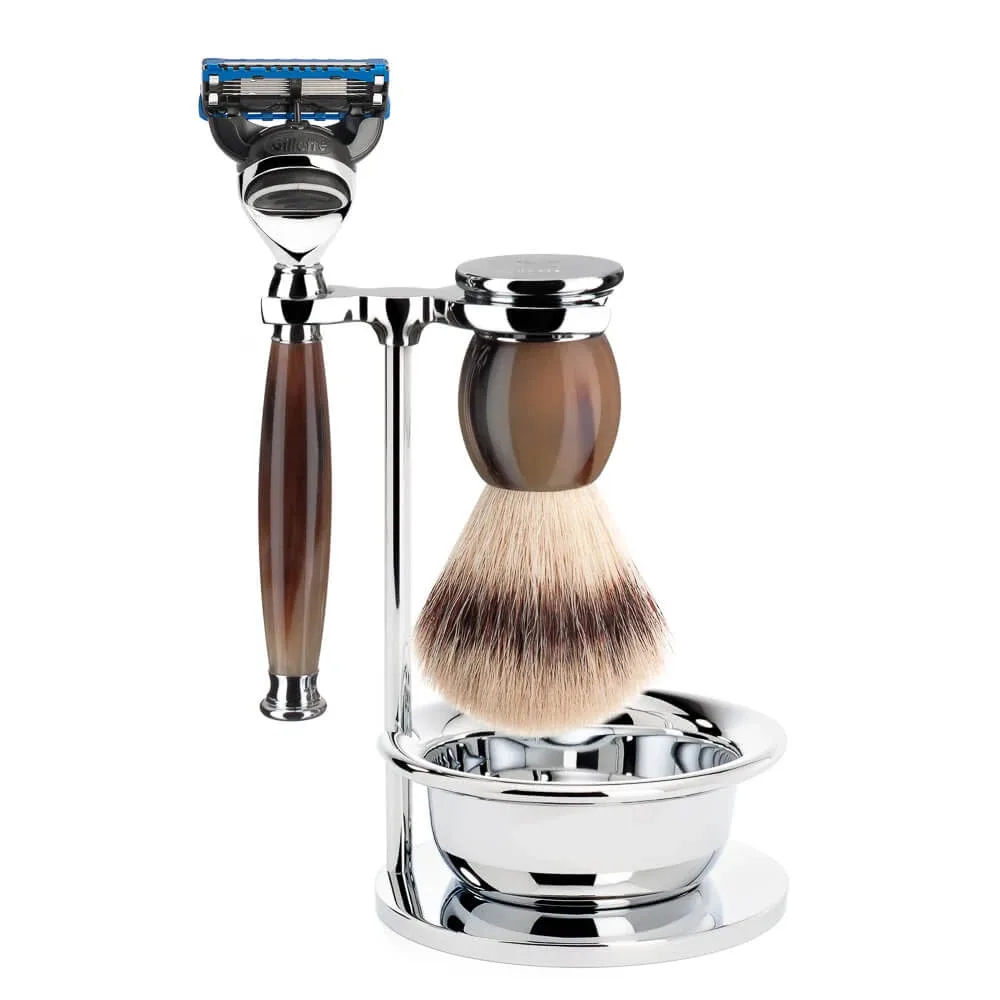 Mühle Shaving Barbersæt med Skraber, Barberkost, Holder og Skål, Sophist, Genuine Horn