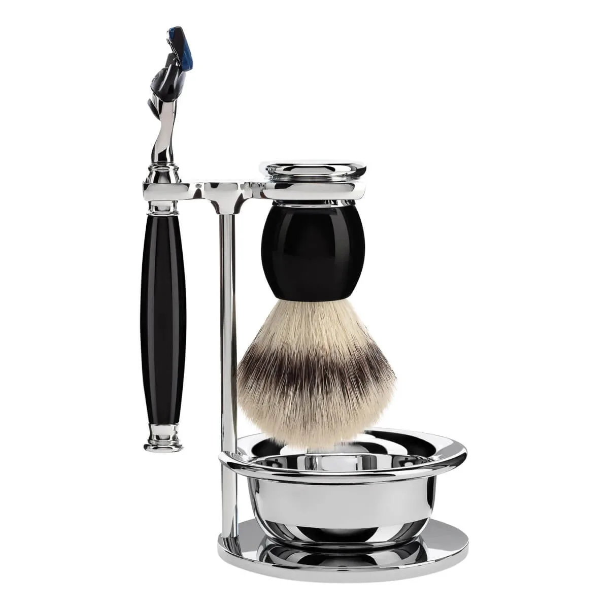 Mühle Shaving Barbersæt med Skraber, Barberkost, Holder og Skål, Sophist, Sort Kunstharpiks