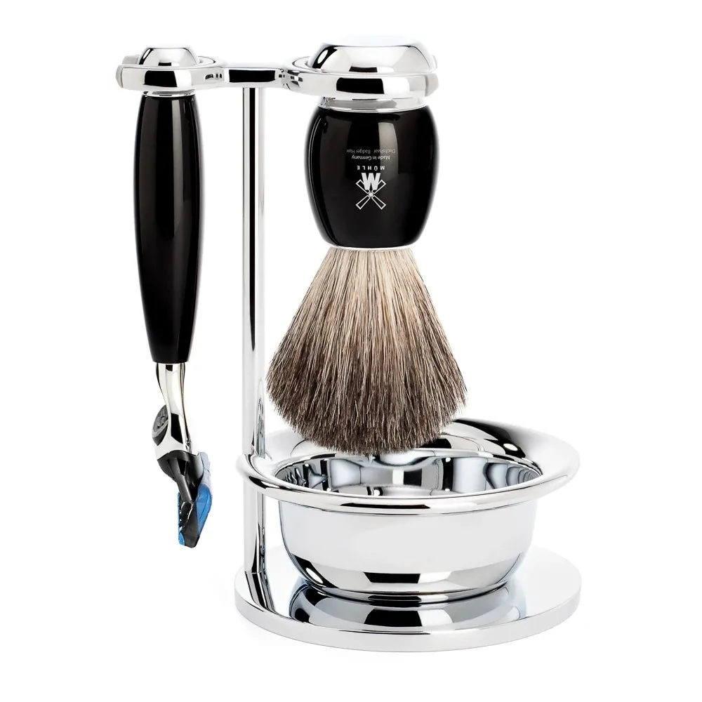 Mühle Shaving Barbersæt med Skraber, Barberkost, Holder og Skål, Vivo, Sort Kunstharpiks