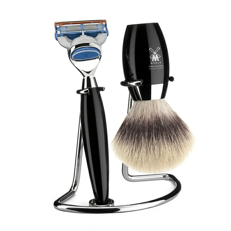 Mühle Shaving Barbersæt med Skraber, Barberkost og Holder, Kosmo, Sort Kunstharpiks