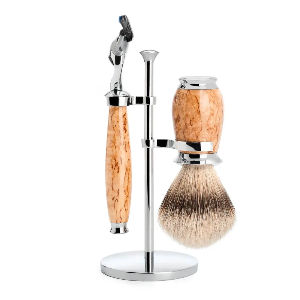 Mühle Shaving Barbersæt med skraber, Barberkost og holder, Purist, Karelian Burl Birk