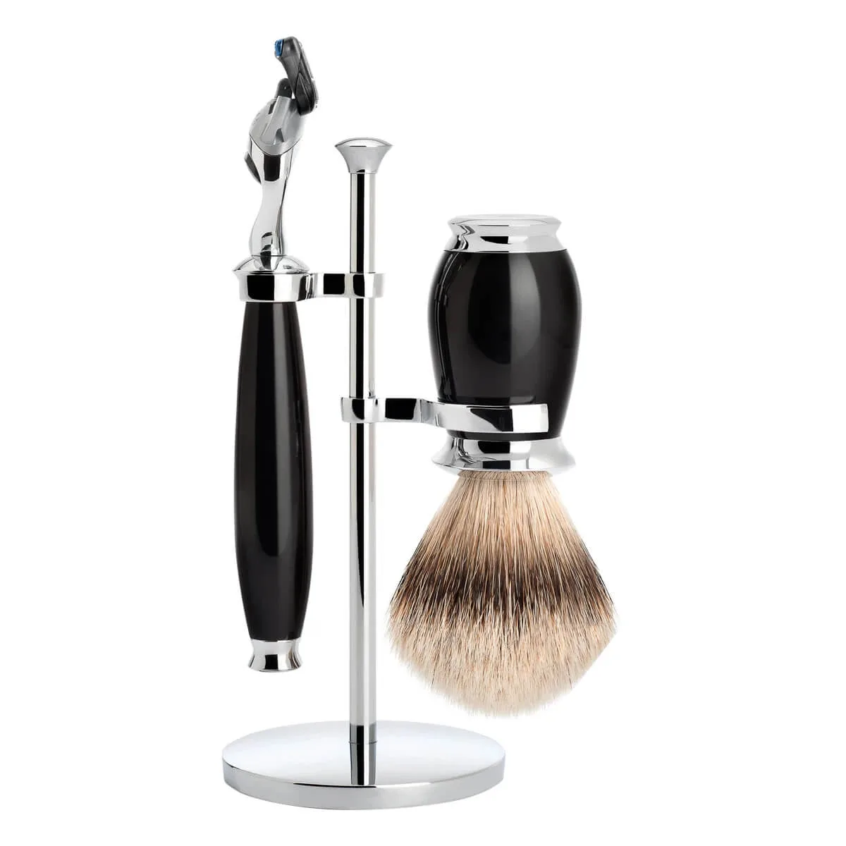 Mühle Shaving Barbersæt med skraber, Barberkost og holder, Purist, Sort Kunstharpiks
