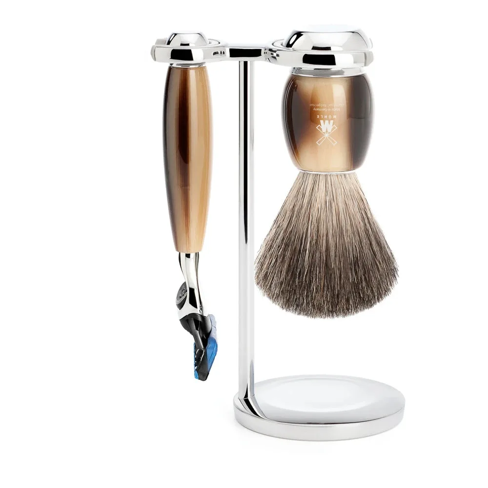 Mühle Shaving Barbersæt med Skraber, Barberkost og Holder, Vivo, Brunt Horn
