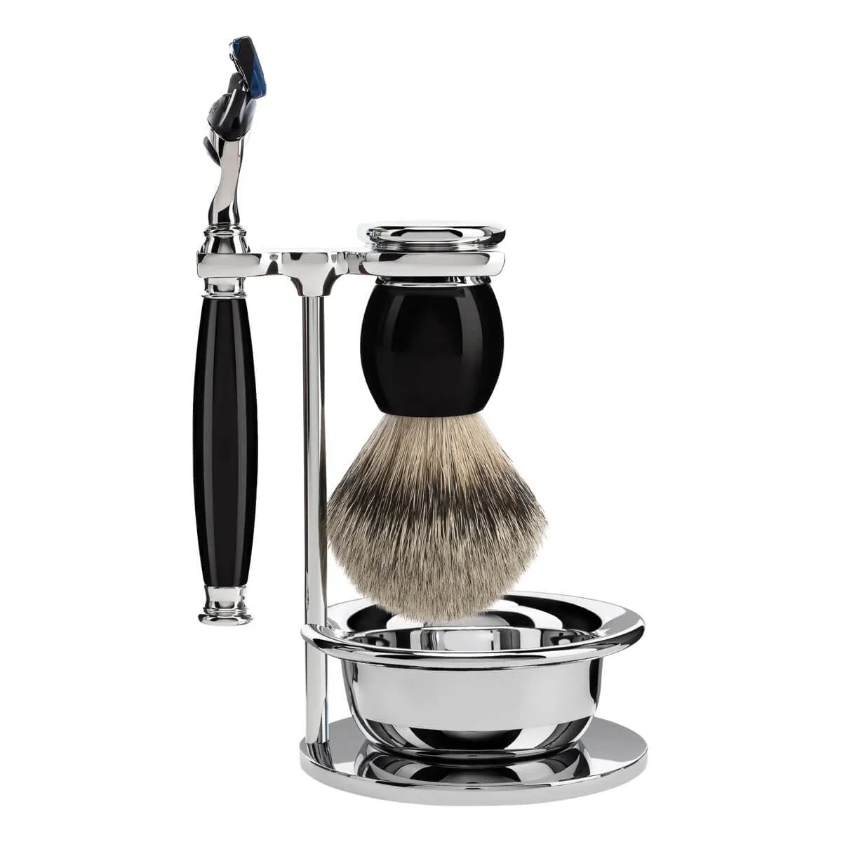 Mühle Shaving Barbersæt med Skraber, Silvertip Barberkost, Holder og Skål, Sophist, Sort Kunstharpiks