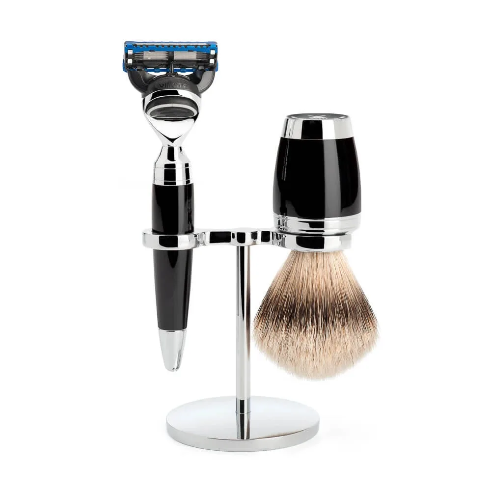 Mühle Shaving Barbersæt med Skraber, Silvertip Barberkost og Holder, Stylo, Sort Kunstharpiks