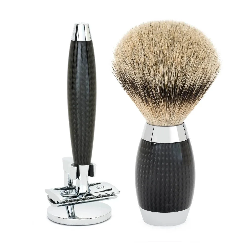 Mühle Shaving Edition No. 1, Barbersæt med DE-skraber, Silvertip Badger Barberkost og Holder til skraber, Carbon