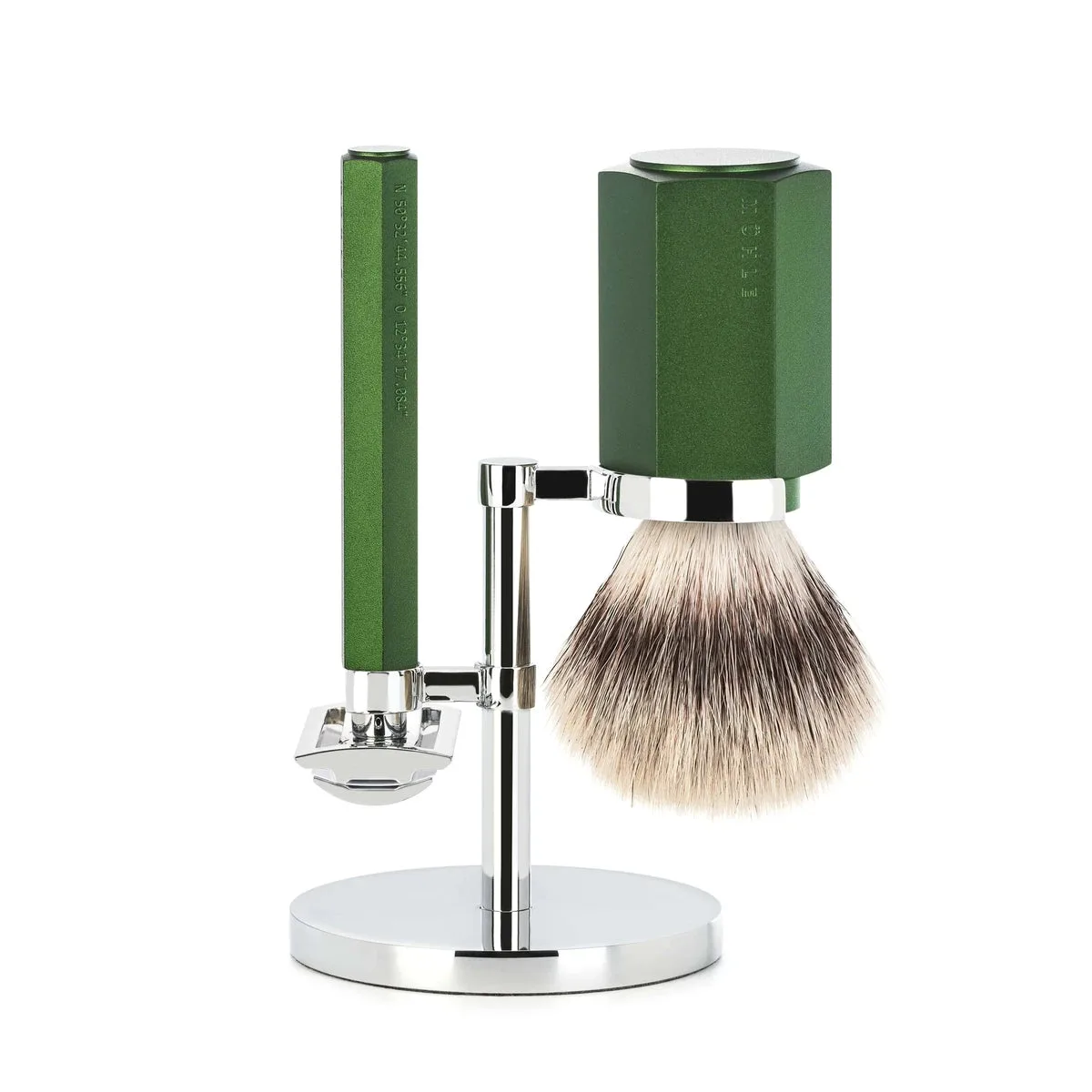 Mühle x Mark Braun Hexagon Barbersæt med DE-skraber, Barberkost og holder, Aluminium Forest