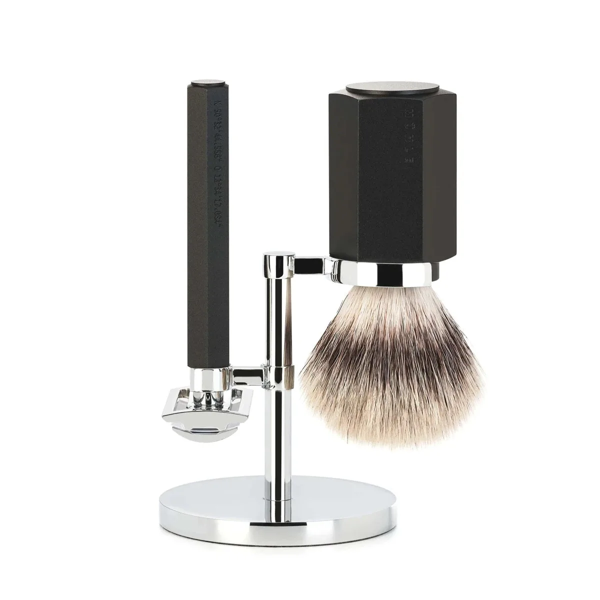 Mühle x Mark Braun Hexagon Barbersæt med DE-skraber, Barberkost og holder, Aluminium Graphite