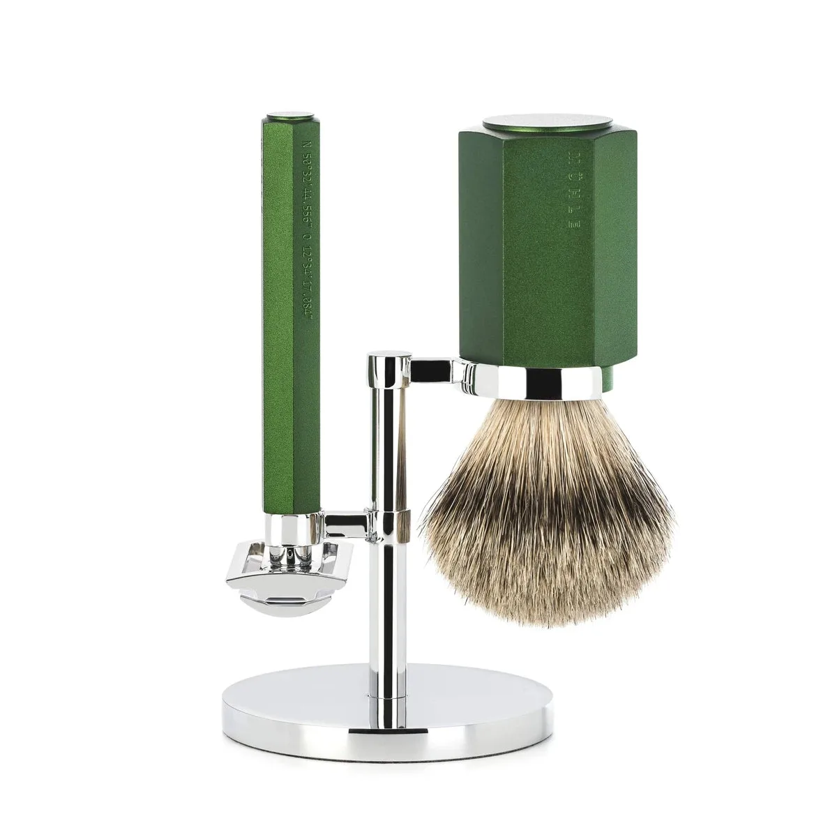 Mühle x Mark Braun Hexagon Barbersæt med DE-skraber, Silvertip Barberkost og holder, Aluminium Forest