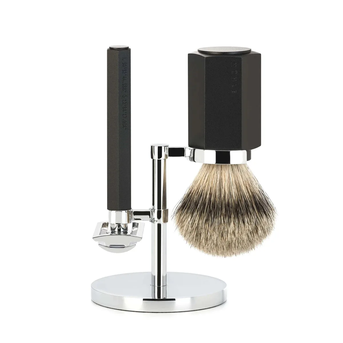 Mühle x Mark Braun Hexagon Barbersæt med DE-skraber, Silvertip Barberkost og holder, Aluminium Graphite
