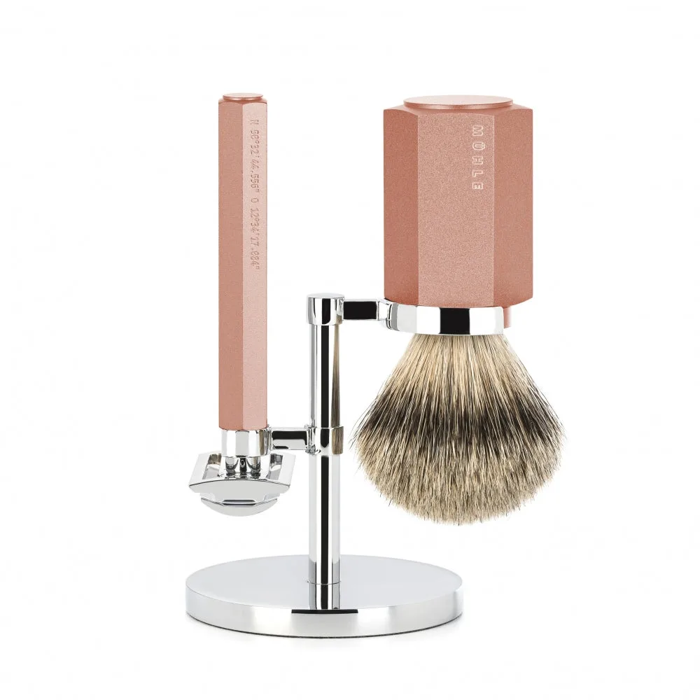 Mühle Shaving Mark Braun Barbersæt med DE-skraber, Silvertip Barberkost og holder, Hexagon, Aluminium Sunrise