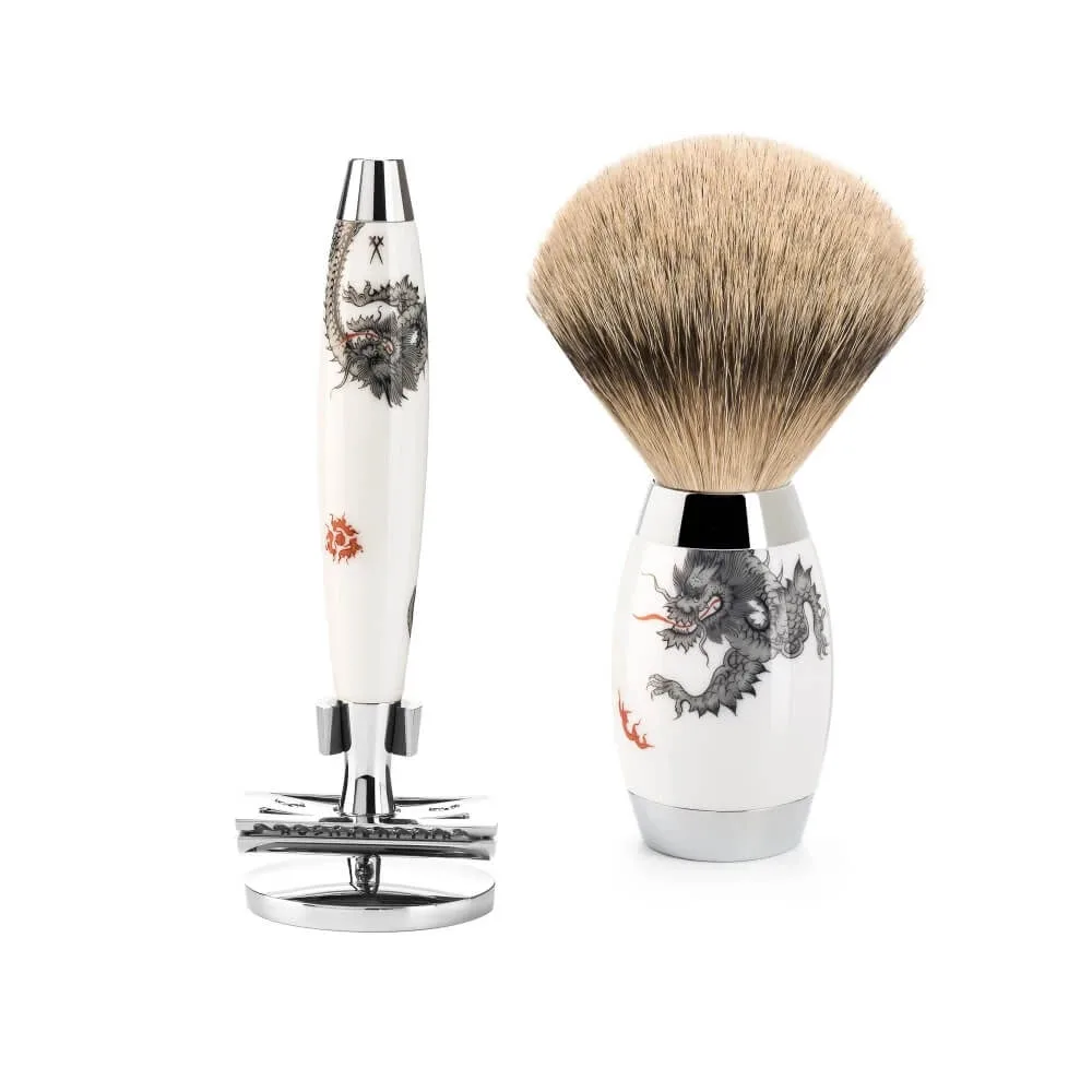 Mühle Shaving Meissen Porcelain Barbersæt med DE-Skraber, Silvertip Barberkost og Holder til skraber, Porcelæn