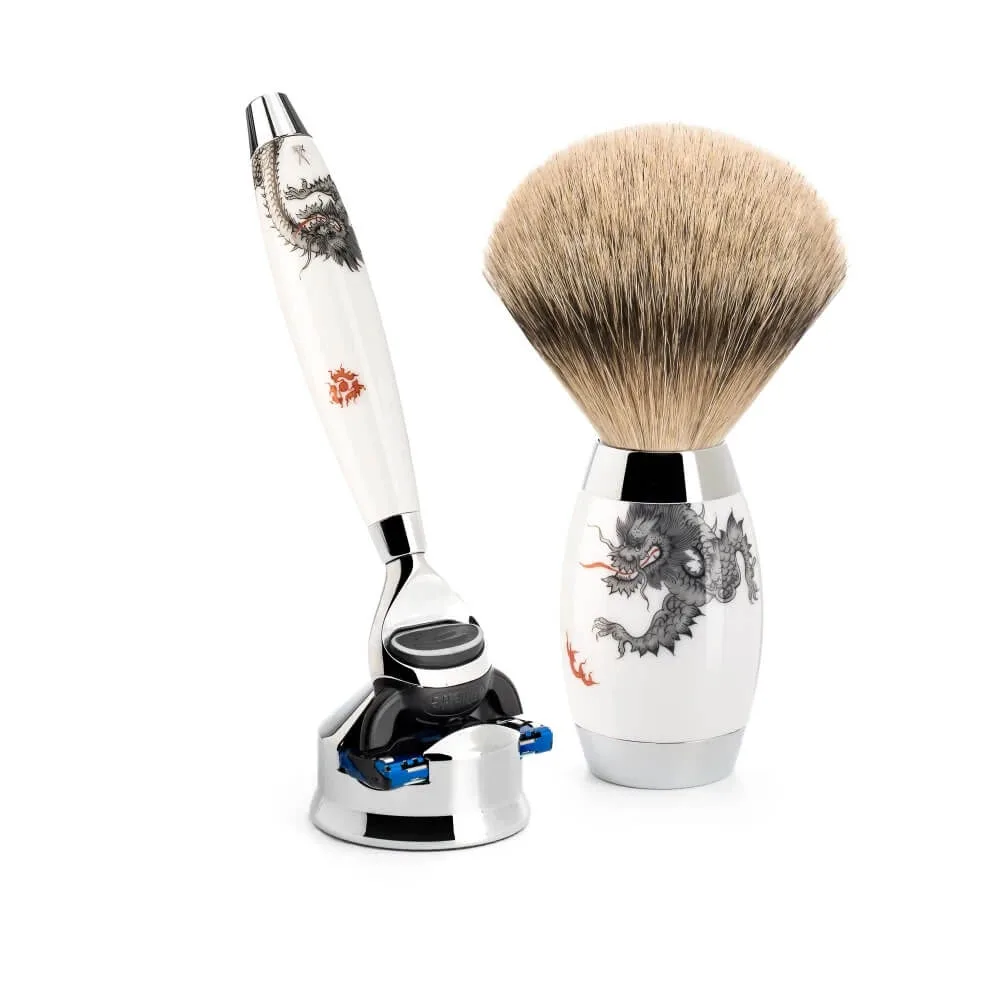 Mühle Shaving Meissen Porcelain Barbersæt med Fusion Skraber, Silvertip Barberkost og Holder, Porcelæn