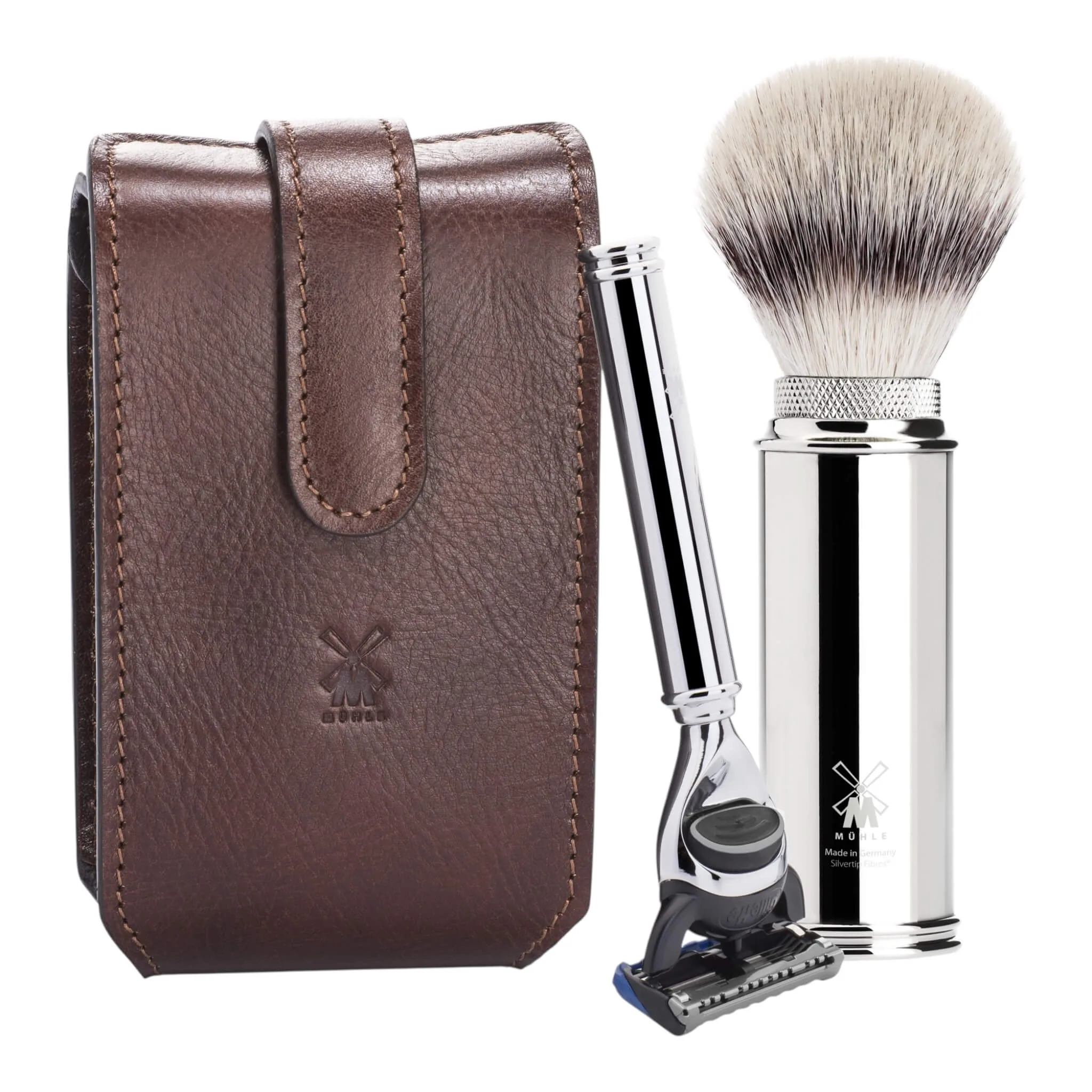 Mühle Shaving Rejsebarbersæt med Skraber og Børste, Brunt læder