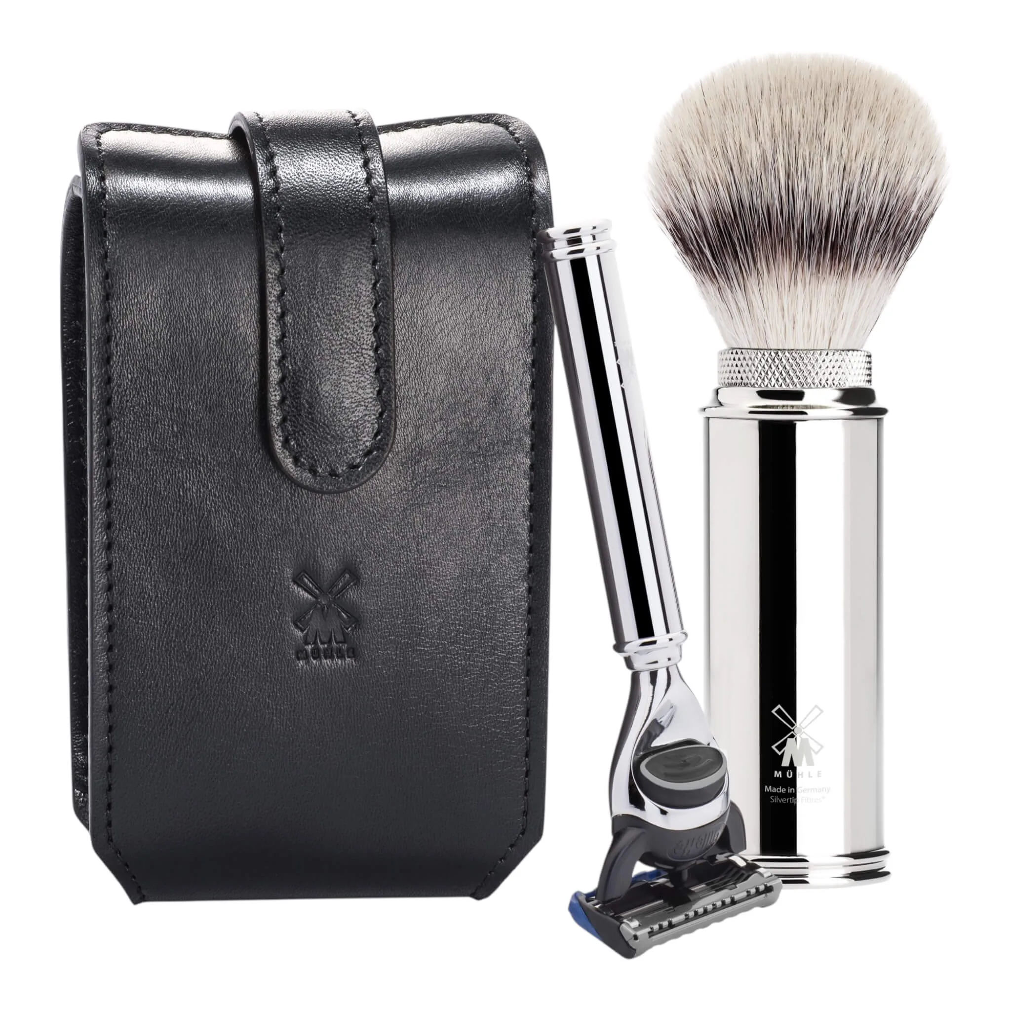 Mühle Shaving Rejsebarbersæt med Skraber og Børste, Sort læder