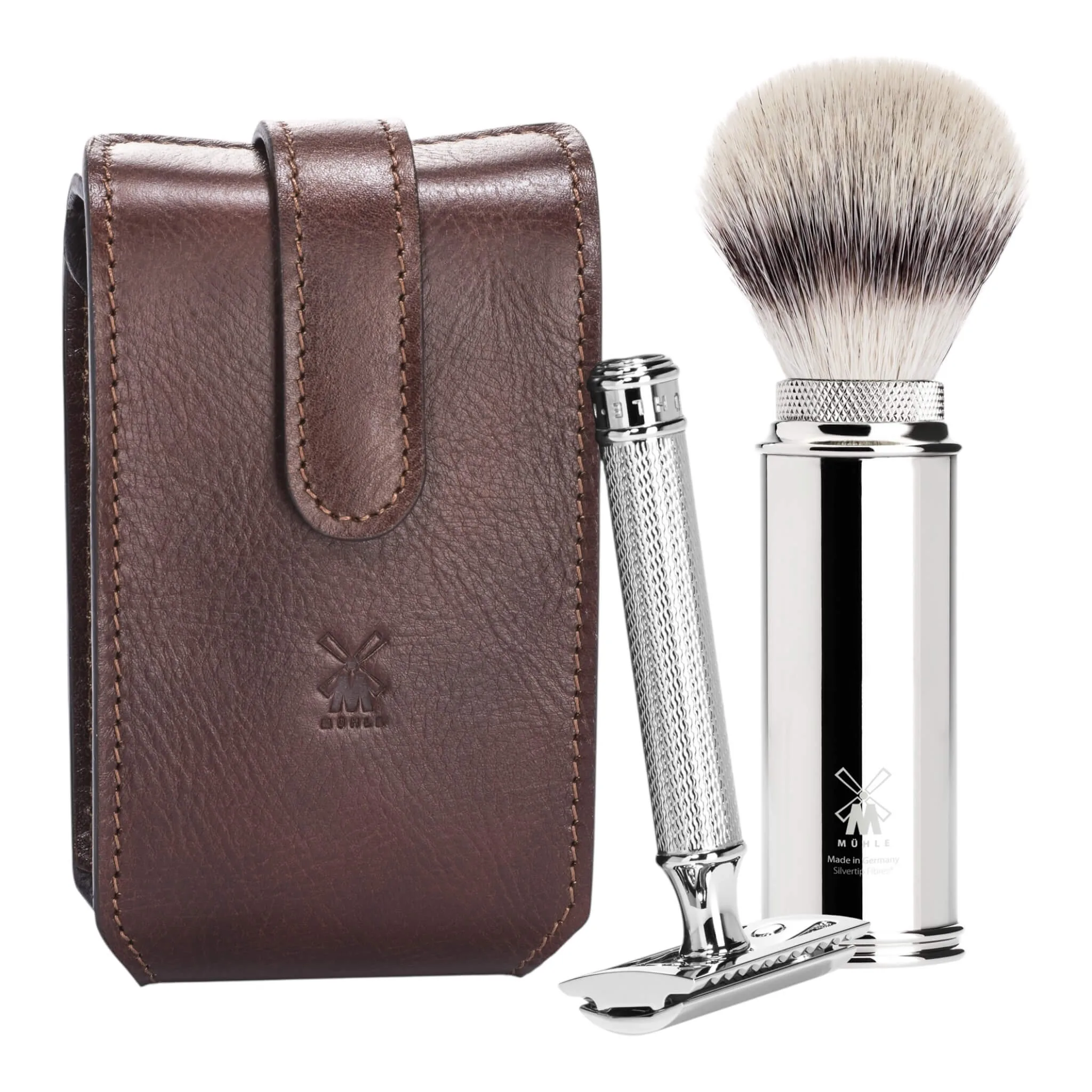 Mühle Shaving Rejsesæt med DE-skraber og Børste, Brunt læder