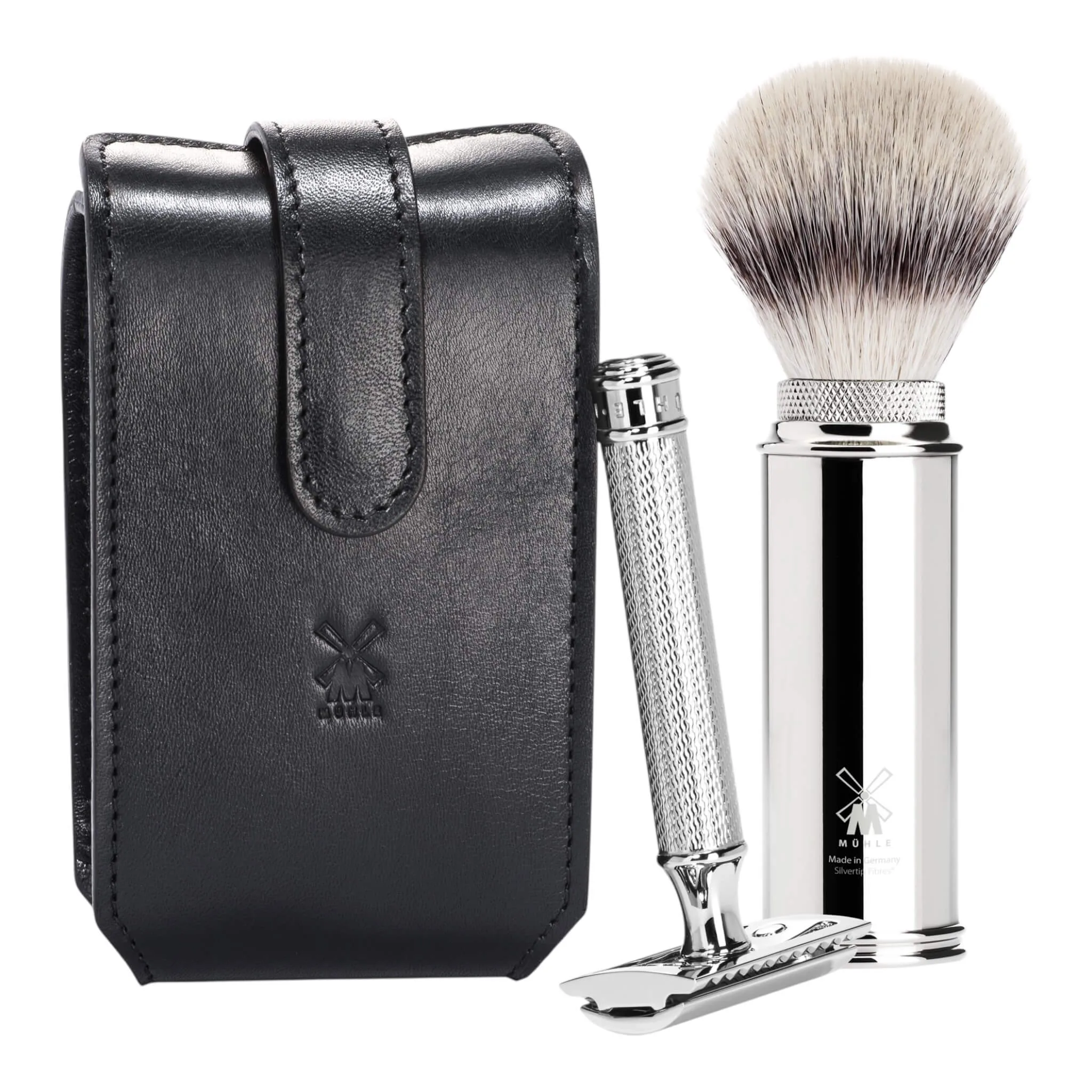 Mühle Shaving Rejsesæt med DE-Skraber og Børste, Sort læder