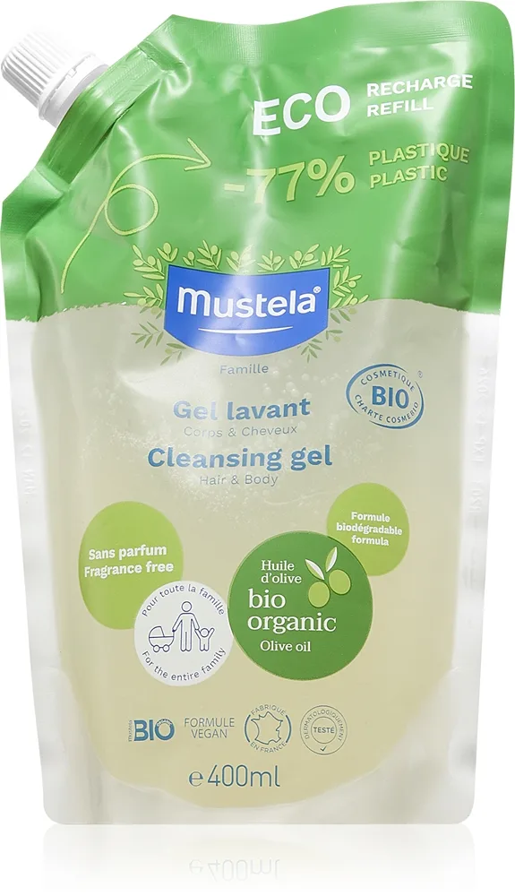 Mustela BIO Tvätt-gel för kropp och hår för barn från födseln Påfyllning 400 ml