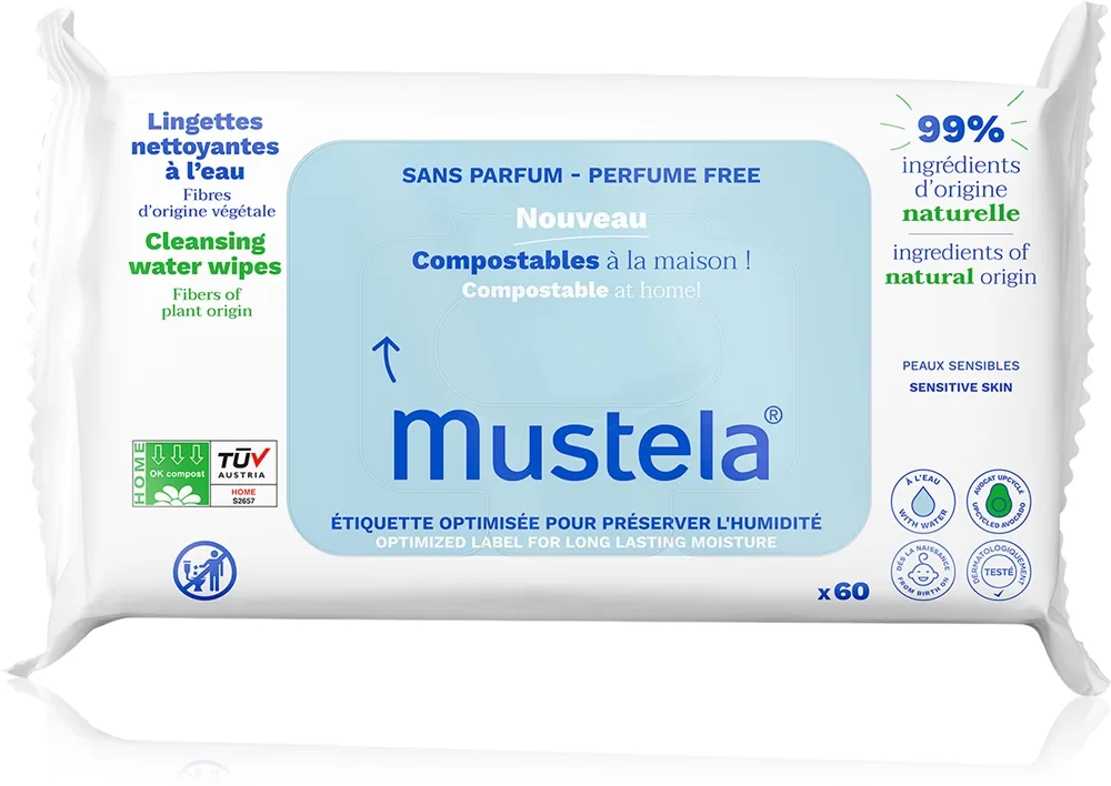 Mustela Compostable at Home Cleansing Wipes Perfume Free Rengöringsservetter Doftfri för barn från födseln 60 st.