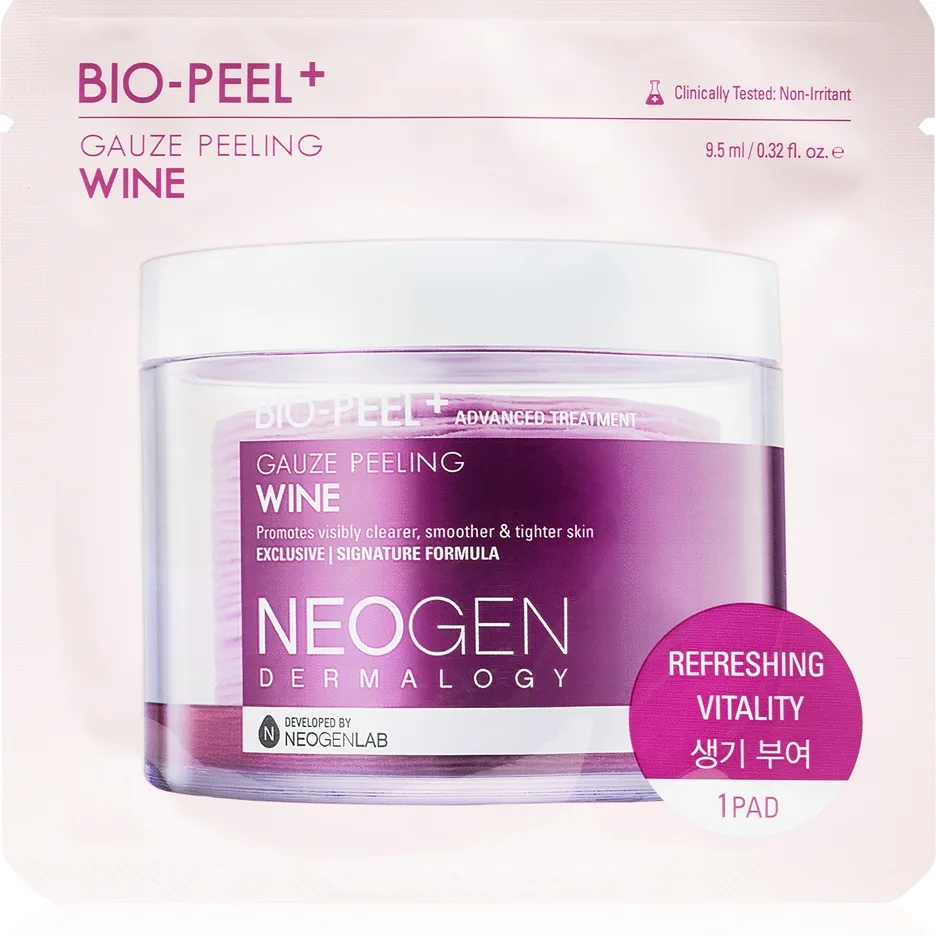 Neogen Dermalogy Bio-Peel+ Gauze Peeling Wine Eksfolierende bomuldspads Til at udglatte hud og formindske porer 8 stk.