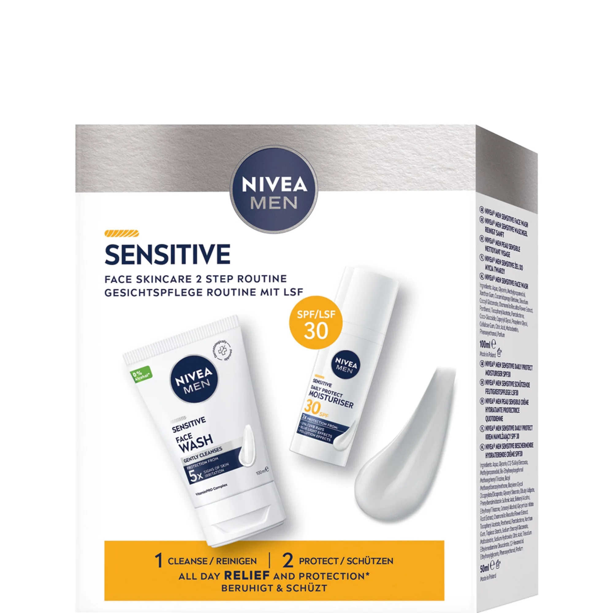 NIVEA MEN Sensitive routine set vaskegel og beskyttende pleje SPF30 Ansigtsplejesæt