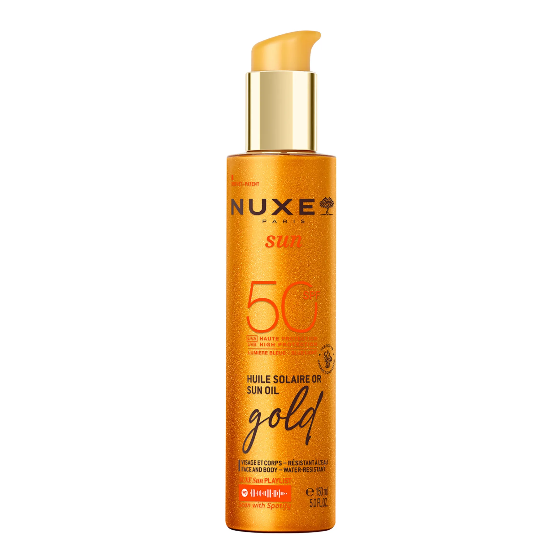 Nuxe Sun Sun Oil Gold SPF 50 Sol-olja för ansikte och kropp med uppljusande effekt 150 ml