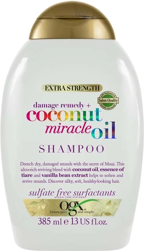 OGX Coconut Miracle Oil vahvistava shampoo vaurioituneille hiuksille sisältää kookosöljyä 385 ml