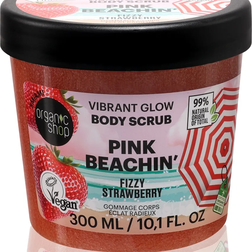 Organic Shop Body Scrub Pink Beachin' kirkastava vartalokuorinta tuoksu Fizzy Strawberry 300 ml