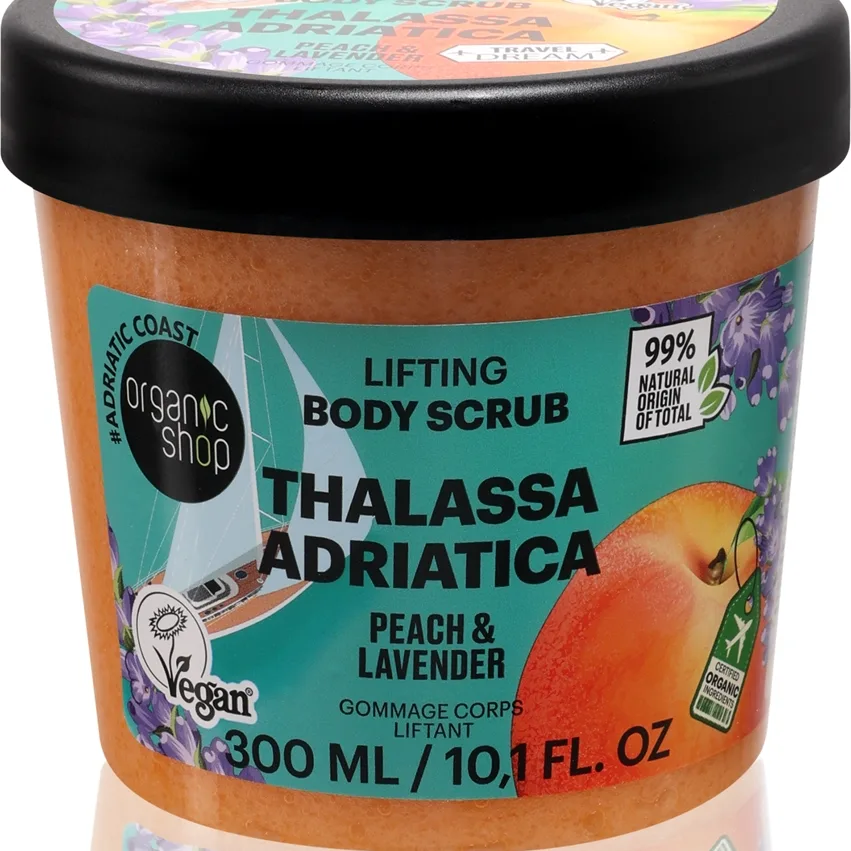 Organic Shop Body Scrub Thalassa Adriatica vartalokuorinta kohottava vaikutus tuoksu Peach & Lavender 300 ml