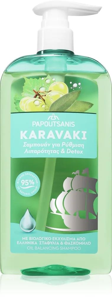 PAPOUTSANIS Karavaki Control & Detox shampoo rasvoittuvalle ja kuivalle hiuspohjalle 600 ml