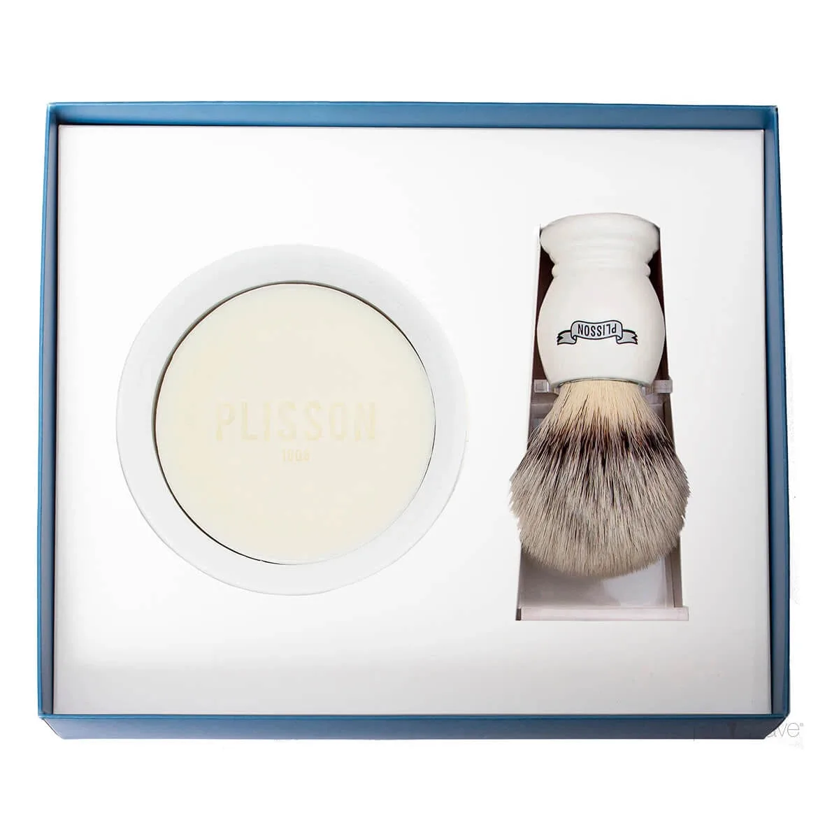 Plisson 1808 Startsæt med High Mountain White Fibre Barberkost, Holder og Porcelænsskål med Barbersæbe, Hvid