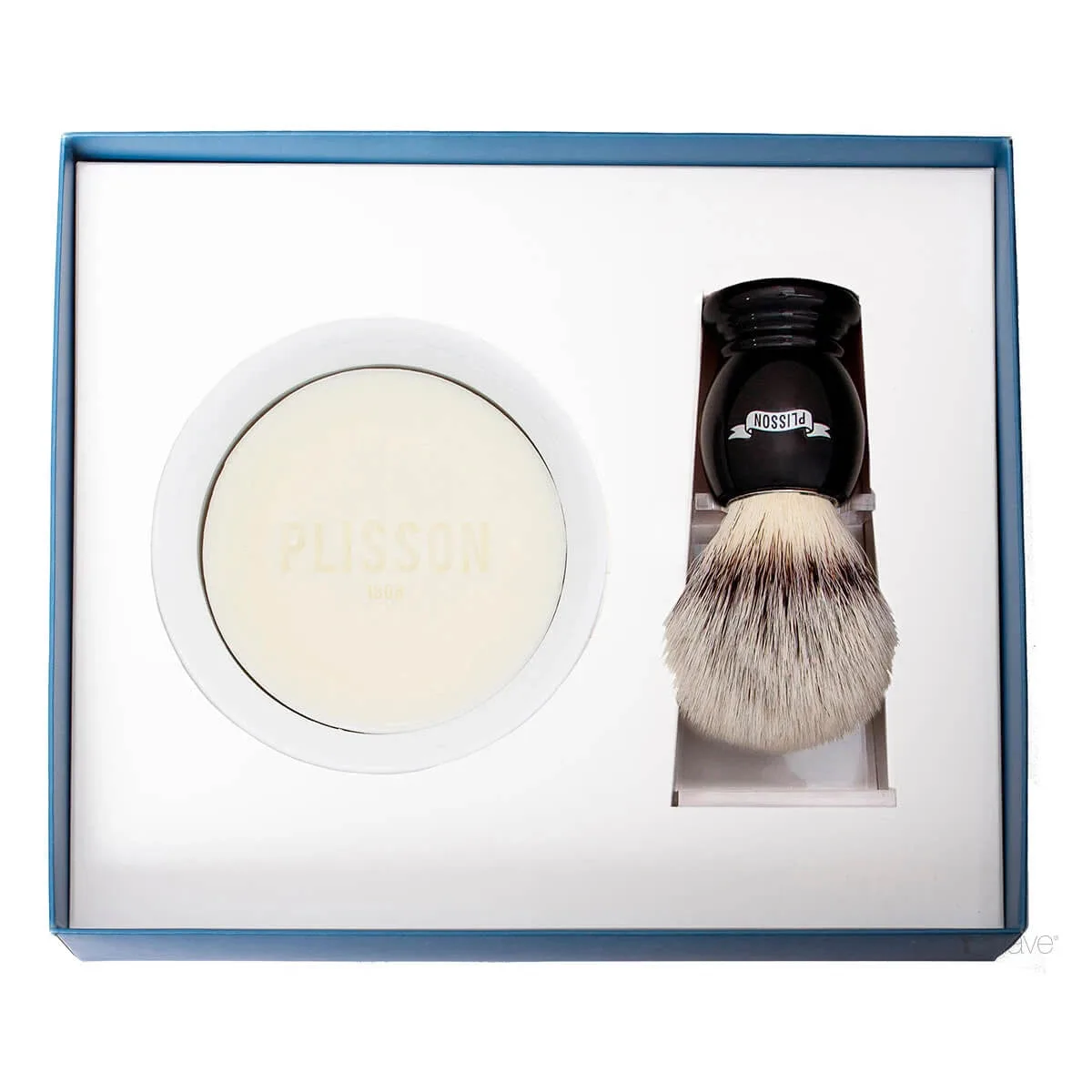 Plisson 1808 Startsæt med High Mountain White Fibre Barberkost, Holder og Porcelænsskål med Barbersæbe, Sort