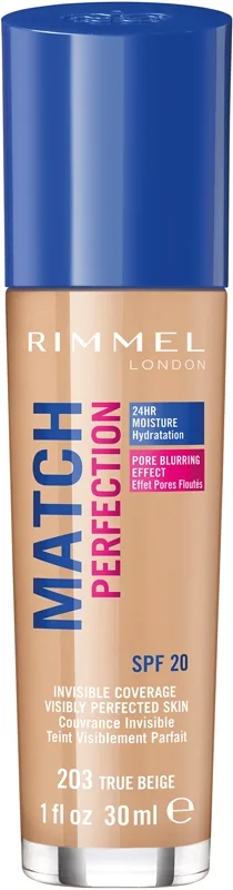 Rimmel Match Perfection nestemäinen meikkivoide SPF 20 sävy 203 True Beige 30 ml