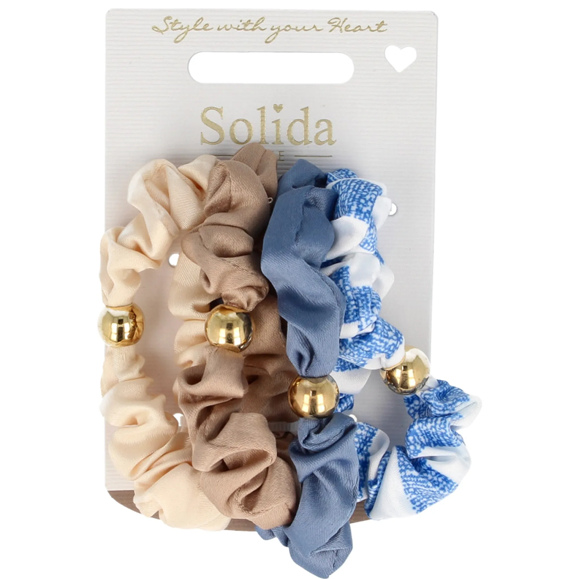 Solida Scrunchie beige, blå, hvid 7,5 cm Hårelastik
