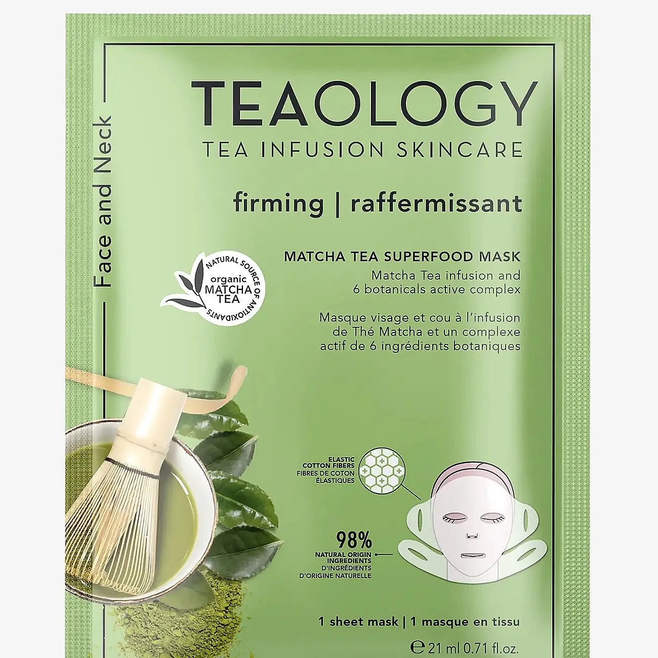 Teaology Matcha Tea Superfood Mask fastgörande sheetmask för ansiktskonturer med matcha 1 st.