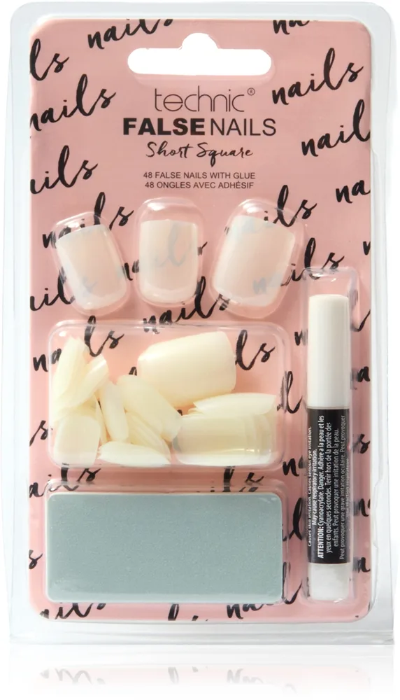 Technic Cosmetics False Nails Short Square kunstige negle Med lim 48 stk.