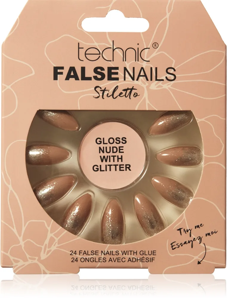 Technic Cosmetics False Nails Stiletto kunstige negle Gloss Nude with Glitter 24 stk.