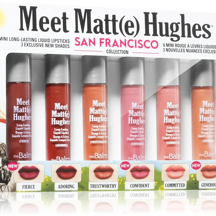 theBalm Meet Matt(e) Hughes Mini Kit San Francisco setti nestemäisiä huulipunia pitkäkestoinen vaikutus